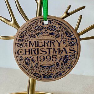 Vintage 1995 Stamped Clay Pottery Merry Christmas Ornament Round Wreath